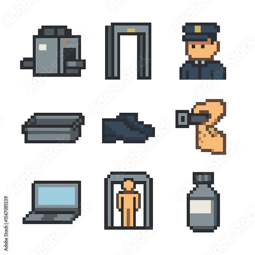 Security Screening Icons. Pixel art icon set of security screening: x-ray scanner, metal detector, security officer, plastic tray,