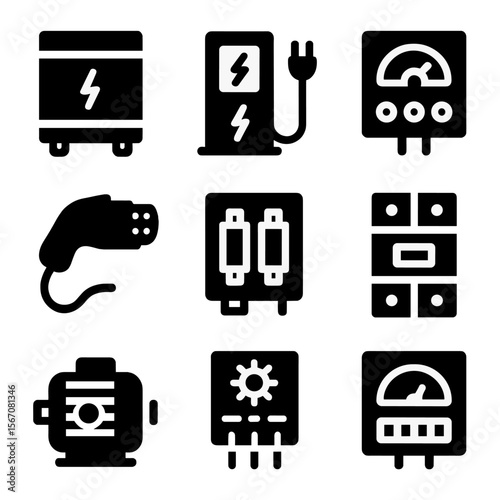 EV Charging Icons. Solid, filled icon set of EV charging components: power inverter, charger unit, control panel, cable connector,