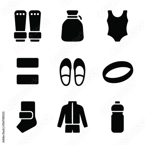 Gymnastics Equipment Icons. Solid, filled icon set of gymnastics equipment: grips, chalk bag, leotard, wristbands, toe shoes,