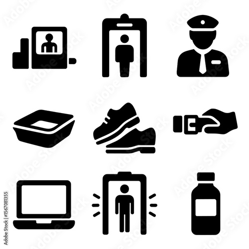 Security Screening Icons. Solid, Filled icon set of security screening: x-ray scanner, metal detector, security officer, plastic