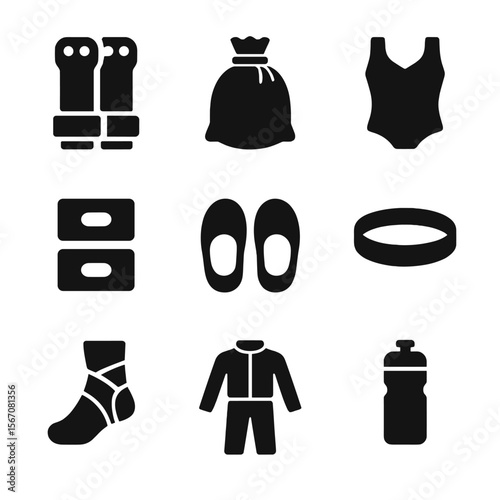 Gymnastics Equipment Icons. Solid, filled icon set of gymnastics equipment: grips, chalk bag, leotard, wristbands, toe shoes,