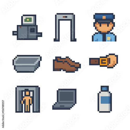 Security Screening Icons. Pixel art icon set of security screening: x-ray scanner, metal detector, security officer, plastic tray,