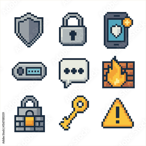 Security Icons Pixel Art. Pixel art icon set of account security measures: shield emblem, padlock, two-factor auth phone, OTP