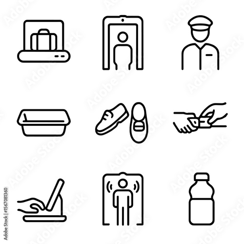 Security Screening Icons. Outline icon set of security screening: x-ray scanner, metal detector, security officer, plastic tray,