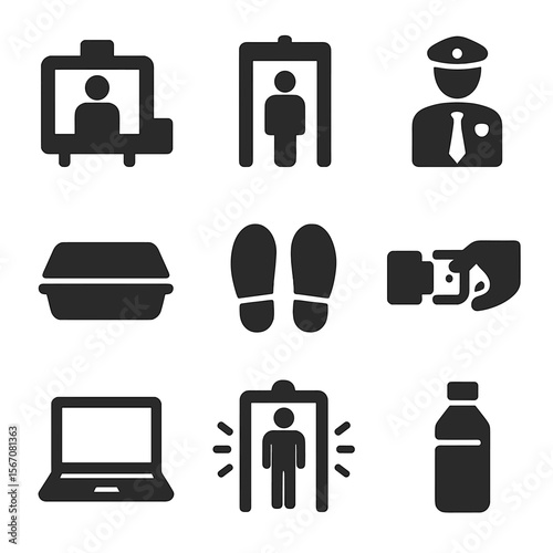 Security Screening Icons. Solid, Filled icon set of security screening: x-ray scanner, metal detector, security officer, plastic
