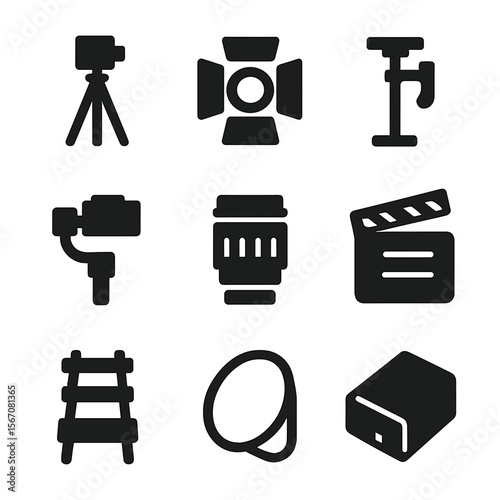 Film Equipment Icons. Solid, filled icon set of film equipment: camera tripod, lighting rig, steadicam, gimbal, camera lens,