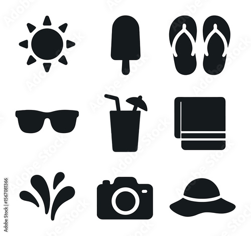 Summer Essentials Icons. Solid, filled icons set of summer essentials: sun, ice cream, flip-flops, sunglasses,