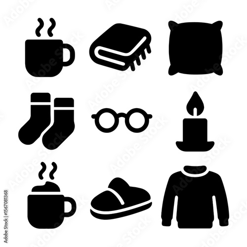 Evening Comfort Icons. Solid, filled icon set of evening comfort items: warm tea cup, cozy blanket, plush pillow, soft socks,