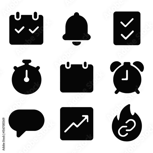Habit Tracking Icons. Solid, filled icon set of habit tracking and reminders: calendar with checkmarks, bell, checklist, stopwatch