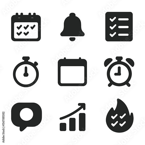 Habit Tracking Icons. Solid, filled icon set of habit tracking and reminders: calendar with checkmarks, bell, checklist, stopwatch