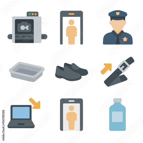 Security Screening Icons. Flat icon set of security screening: x-ray scanner, metal detector, security officer, plastic tray,