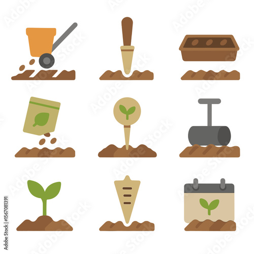 Seed Planting Icons. Flat icon set of seed planting furrows: seed drill, dibbler, planter box, seed packet, germination marker,