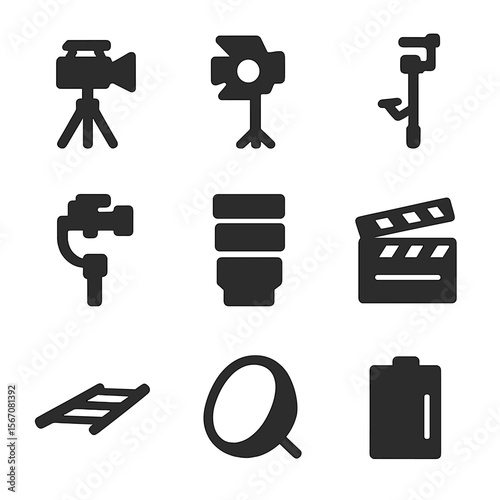 Film Equipment Icons. Solid, filled icon set of film equipment: camera tripod, lighting rig, steadicam, gimbal, camera lens,