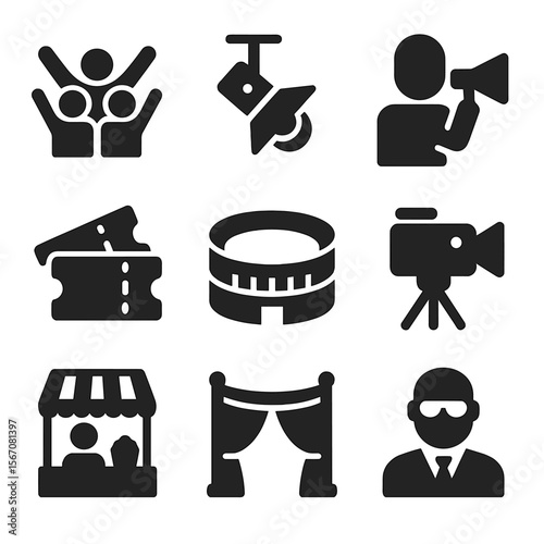 Event Icon Set. Solid, filled icon set of audience and event: cheering crowd, spotlight, announcer, tickets, arena, camera,
