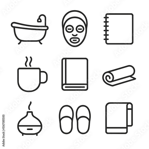Self-Care Icons Grid. Outline icon set of self-care routines: bathtub, face mask, journal, tea mug, book, yoga mat, aromatherapy