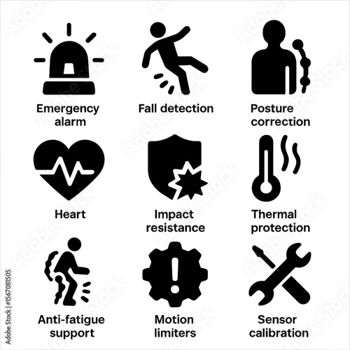 Exoskeleton Safety Icons. Solid, filled icon set of Health and safety features in exoskeletons: emergency alarm, fall detection,