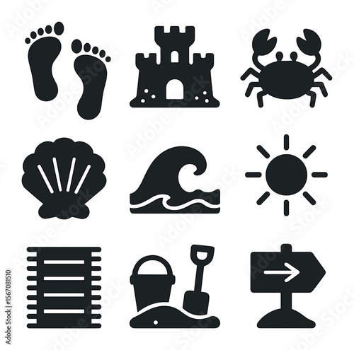 Beach Icon Set. Solid, filled icons set of sandy shore: footprints, sandcastle, crab, shell, wave, sun, beach
