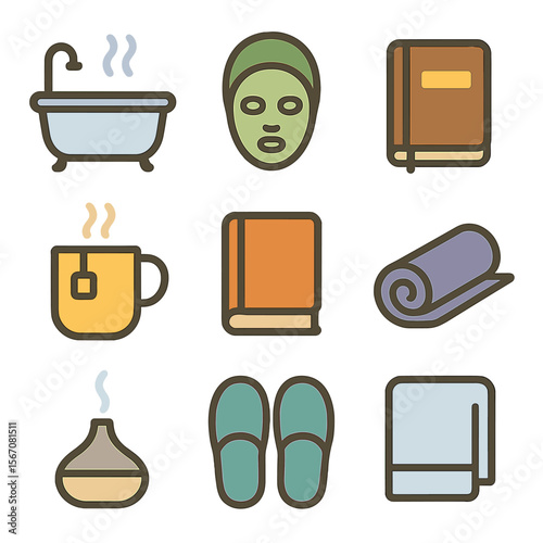 Self-Care Icons Grid. Flat icon set of self-care routines: bathtub, face mask, journal, tea mug, book, yoga mat, aromatherapy