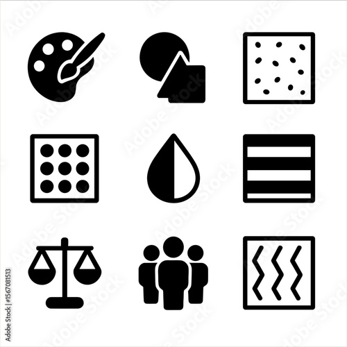 Harmony Icon Set. Solid, filled icon set of harmony in design: color harmony, shape harmony, texture harmony, pattern harmony,
