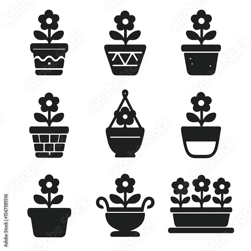 Decorative Flower Pots Icons. Solid, filled icons set of decorative flower pots: painted pot, geometric design