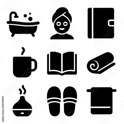 Self-Care Icons. Solid, Filled icon set of self-care routines: bathtub, face mask, journal, tea mug, book, yoga mat, aromatherapy