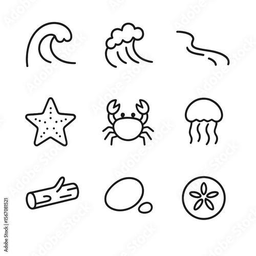 Shoreline Icon Set. Outline icon set of shoreline elements: tidal wave, foam crest, shoreline curve, starfish, crab, jellyfish,