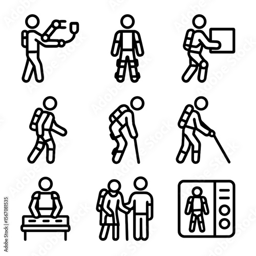 Exoskeleton Usage Icons. Solid, filled icon set of Humans using exoskeletons for everyday tasks: robotic arm assist, powered leg