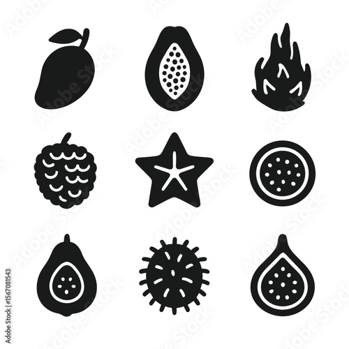 Exotic Fruit Icons. Solid, filled icon set of exotic fruits in a bowl: mango, papaya, dragon fruit, lychee, starfruit, passion
