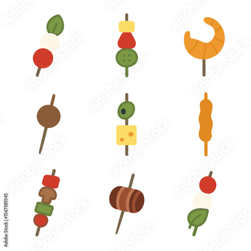 Skewer Icon Set. Flat icon set of skewers and toothpick bites: caprese skewer, fruit skewer, shrimp skewer, meatball toothpick,