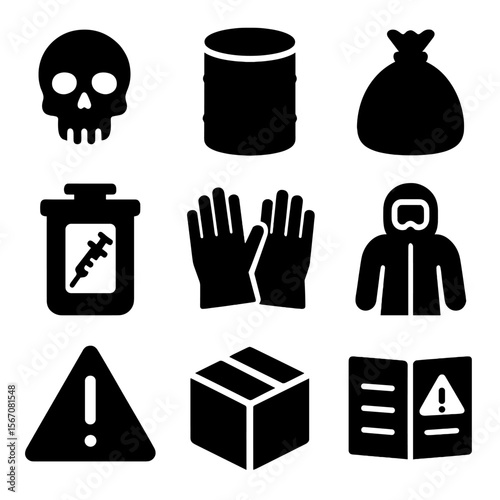 Hazardous Waste Icons. Solid, filled icon set of hazardous waste handling: skull icon, chemical drum, red bag, medical sharps