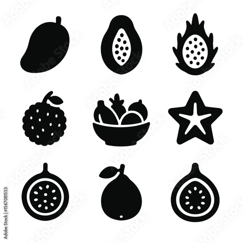 Exotic Fruit Icons. Solid, filled icon set of exotic fruits in a bowl: mango, papaya, dragon fruit, lychee, starfruit, passion