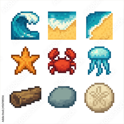 Shoreline Icons Grid. Pixel art icon set of shoreline elements: tidal wave, foam crest, shoreline curve, starfish, crab, jellyfish