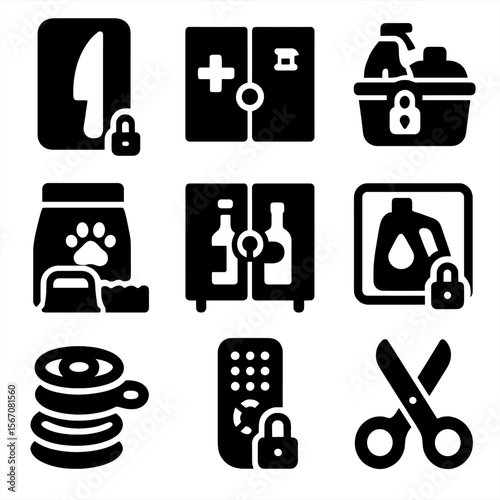 Hazardous Item Icons. Solid, filled icon set of hazardous item blockers: knife lock box, medicine cabinet, cleaning supply lock,