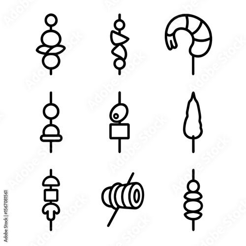 Skewer Icon Collection. Outline icon set of skewers and toothpick bites: caprese skewer, fruit skewer, shrimp skewer, meatball
