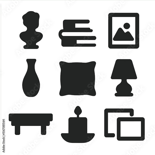 Decorative Mantel Icons. Solid, filled icons set of decorative mantel accessories: small statue, book stack,