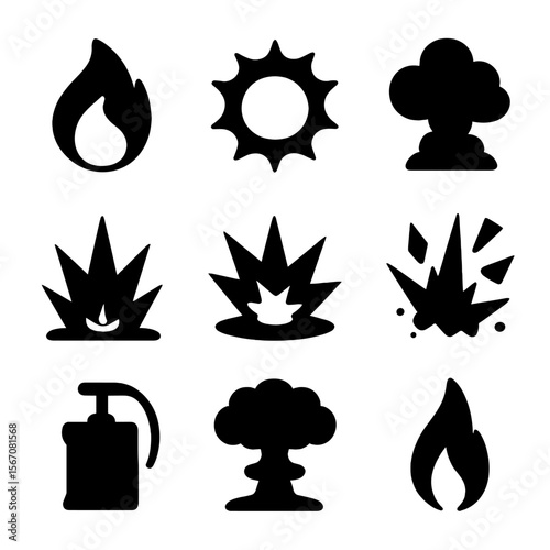 Explosion Icons Grid. Solid, filled icon set of explosions: fireball, shockwave ring, smoke cloud, blast crater, explosive burst,