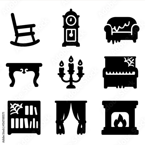 Haunted Mansion Icons. Solid, filled icon set of Haunted mansion furniture: rocking chair, grandfather clock, dusty sofa, ornate