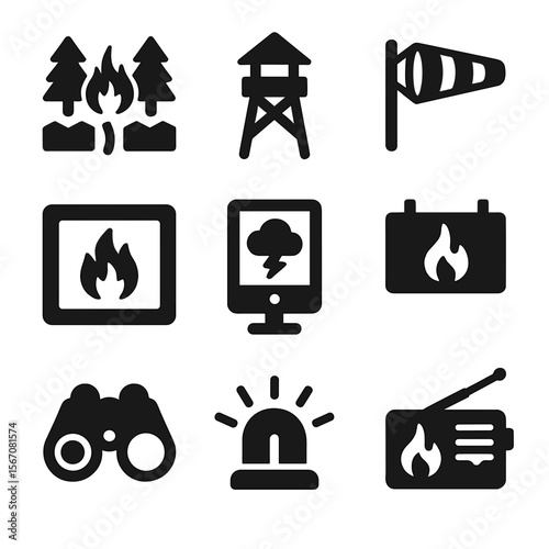 Fire Safety Icons. Solid, filled icon set of fire prevention and control: firebreak line, firewatch tower, wind sock, containment