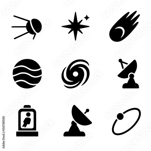 Deep Space Icons. Solid, filled icons set of deep space missions: space probe, distant star, comet, exoplanet,