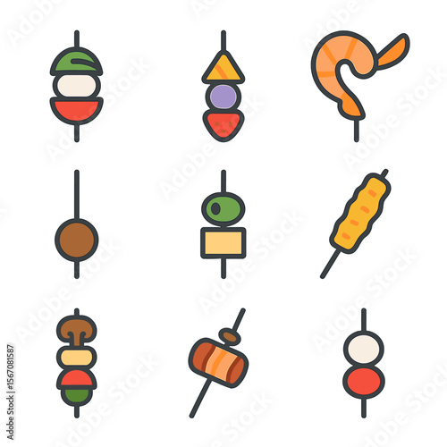Skewer Icon Set. Flat icon set of skewers and toothpick bites: caprese skewer, fruit skewer, shrimp skewer, meatball toothpick,