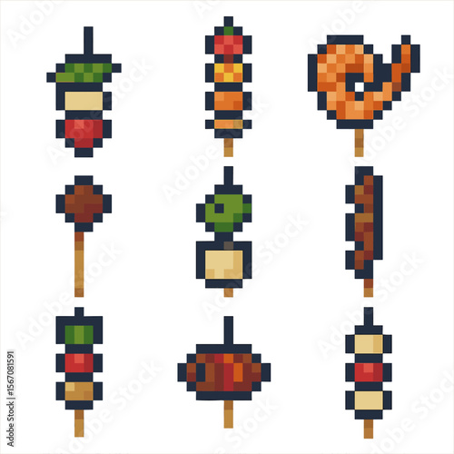 Skewer Icon Grid. Pixel art icon set of skewers and toothpick bites: caprese skewer, fruit skewer, shrimp skewer, meatball