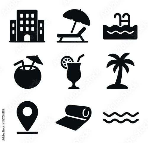Beach Resort Icons. Solid, filled icons set of beachside resort: hotel, beach chair, pool, coconut, palm,