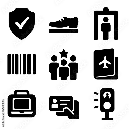 Express Checkpoint Icons. Solid, filled icon set of express checkpoint items: TSA PreCheck badge, keep shoes on icon, quick scan