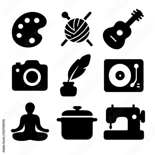 Expressive Hobbies Icons. Solid, filled icon set of Expressive hobbies: painting palette, knitting needles, guitar, camera,