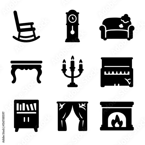 Haunted Mansion Icons. Solid, filled icon set of Haunted mansion furniture: rocking chair, grandfather clock, dusty sofa, ornate