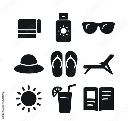 Sunbathing Essentials Icons. Solid, filled icons set of sunbathing: towel, sun lotion, sunglasses, hat,