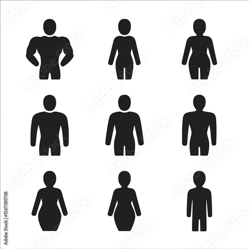 Fitness Figure Icons. Solid, filled icon set of fitness figure types: muscular body, slim figure, curvy silhouette, athletic build