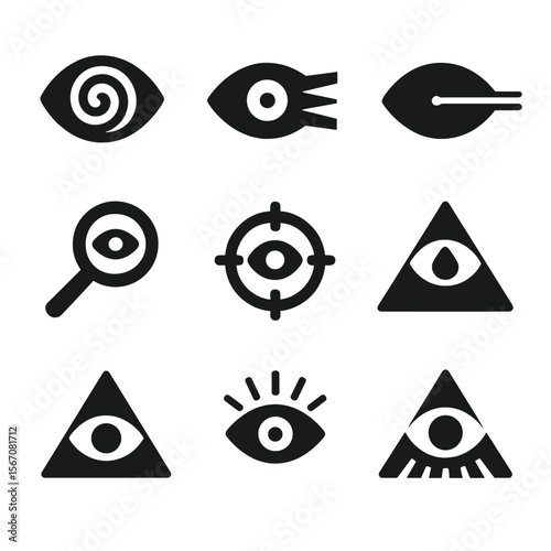 Eye Metaphor Icons. Solid, filled icon set of stare metaphors: hypnotic spiral, focus beam, laser eyes, spotlight, zoom icon,