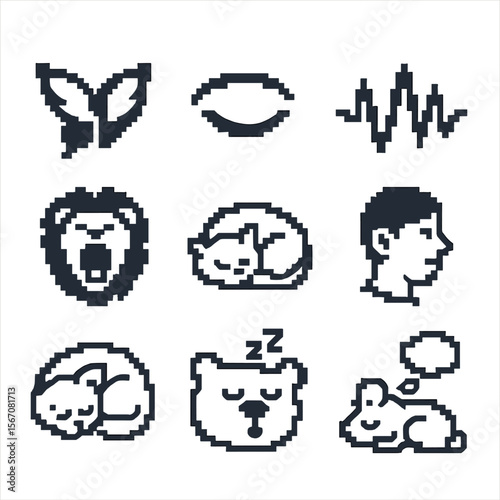 Sleep Cycle Icons. Pixel art icon set of sleep cycle behaviors: REM flutter wing, closed eye silhouette, brain wave line, yawning