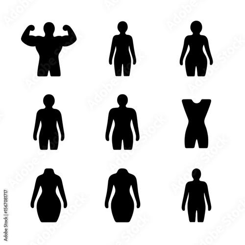 Fitness Figure Icons. Solid, filled icon set of fitness figure types: muscular body, slim figure, curvy silhouette, athletic build